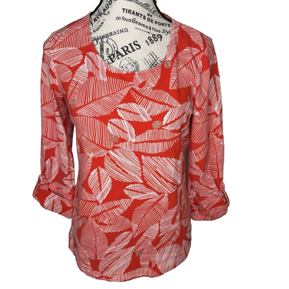 Chico’s Women’s T-Shirt Size 0 (S/4) Bright Orange & White 3/4 Roll Tab Sleeves